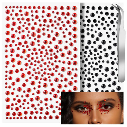 Teenitor Red and Black Face Gems Black Face Rhinestone Makeup Festival Face Jewels Red Stick on Gems, Self-Adhesive Rhinestone Set for Halloween Makeup