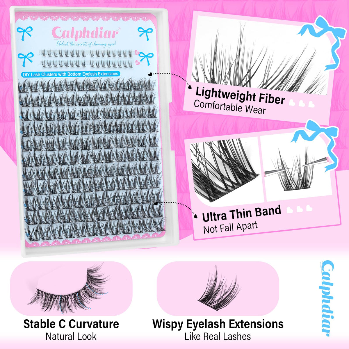 calphdair Natural Lash Clusters with Bottom Lashes DIY Wispy Cluster Eyelash Extensions C-curly Individual Lashes 11-13mm Short Eyelash Clusters Manga Cluster Lashes with Bottom Lash Extension 164pcs