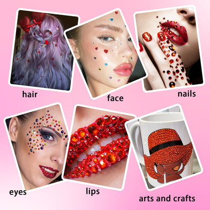 NIACONN 1760 Pcs Red Face Gems Jewels Self-Adhesive Rhinestones Stickers