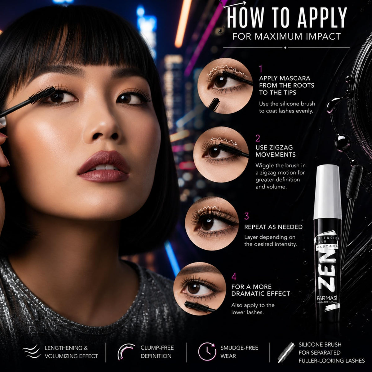 Farmasi Zen Extension Lash Mascara, Volumizing, Lengthening, Blackest