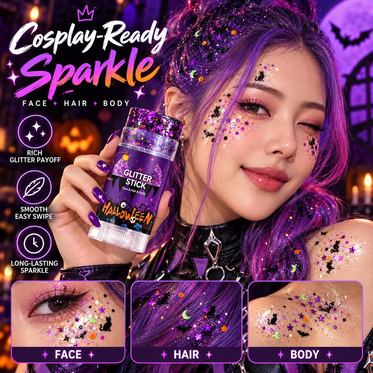 Halloween Face Body and Hair Glitter Stick, Black Purple Body Glitter Gel