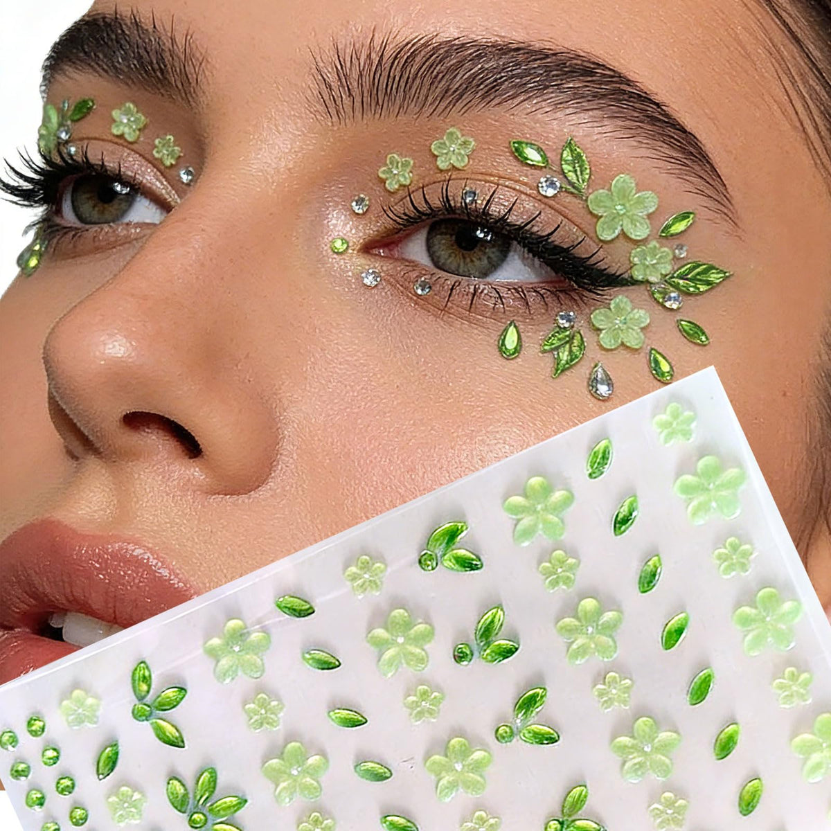 Green Flower Face Gems Stickers - Summer Face Jewelry with Floral Rhinestone Decals, Self-Adhesive Green Face Tattoos for Festival Makeup, Halloween Costume, Christmas Cosplay, Nail & Body Art