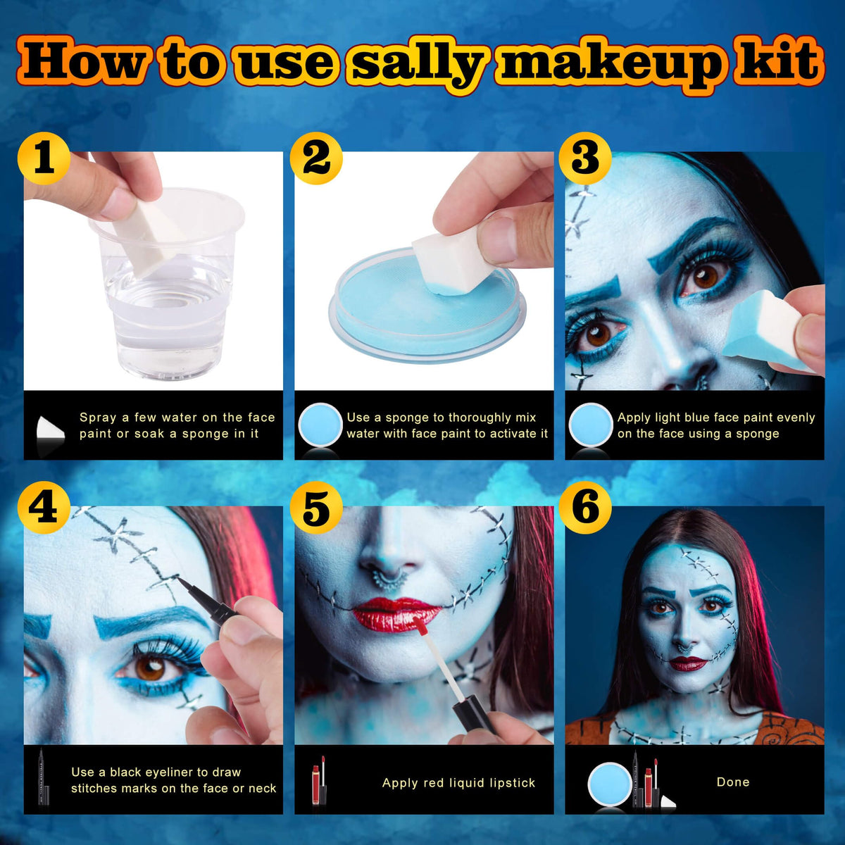 Paminify 4 Pcs Sally Makeup Kit,Corpse Bride SFX Halloween Baby Blue ,Water Activated Face Paint Makeup Kit,Sally Face Costume Women Cosplay,Light Blue Body Paint+Eyeliner+Lipstick+Sponge