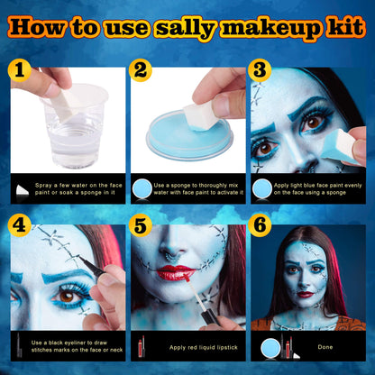 Paminify 4 Pcs Sally Makeup Kit,Corpse Bride SFX Halloween Baby Blue ,Water Activated Face Paint Makeup Kit,Sally Face Costume Women Cosplay,Light Blue Body Paint+Eyeliner+Lipstick+Sponge