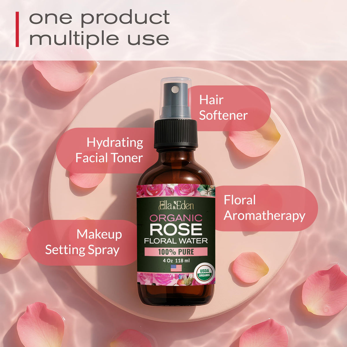 Organic Rose Water Spray for Face, USDA Certified 100% Pure, 4 Fl Oz
