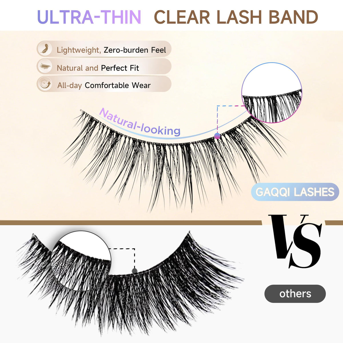 GAQQI False Eyelashes,Thin-Clear Band Natural Lashes Strips 7 Pairs,C-886