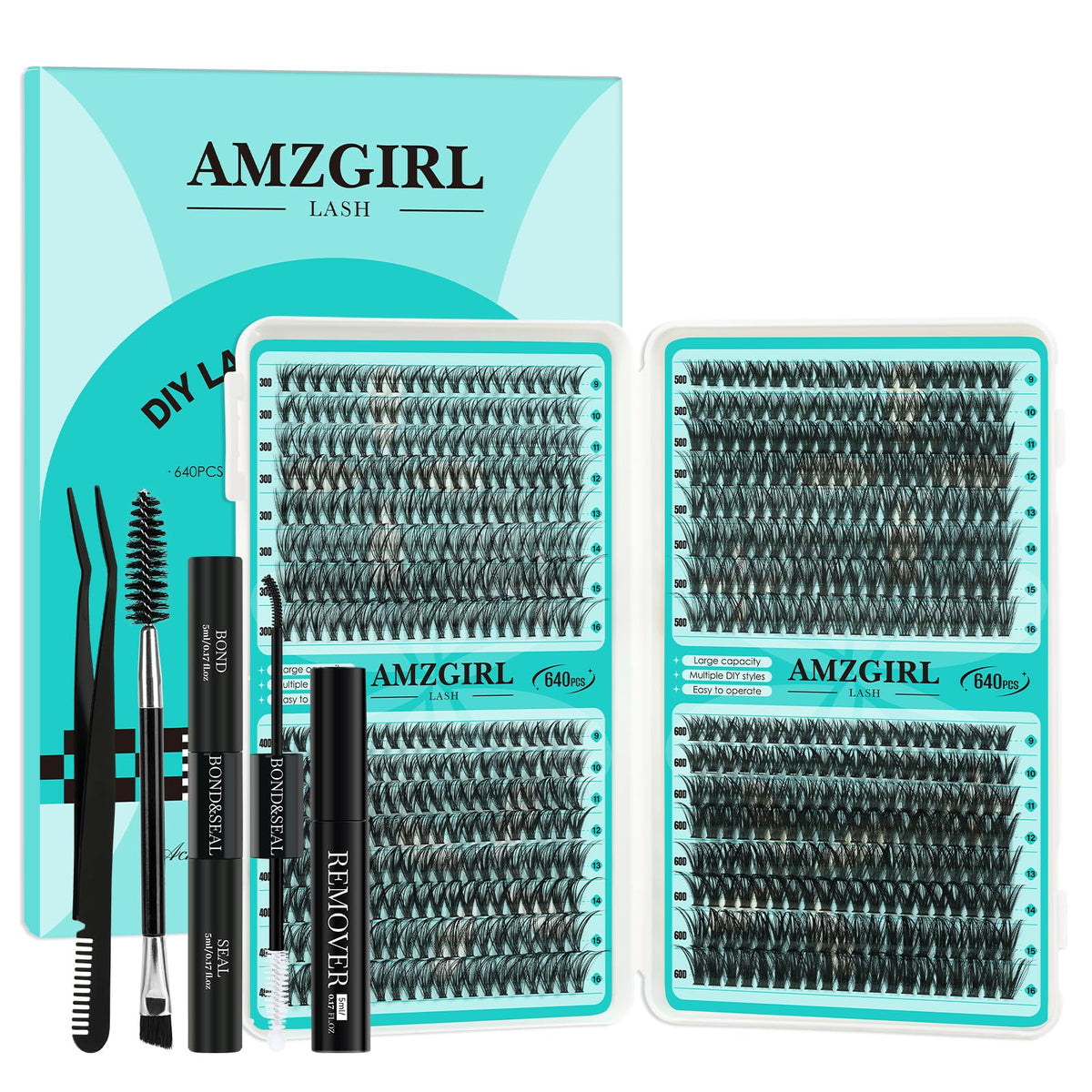 AMZGIRL Lash Clusters Kit 640Pcs, 9-16mm Mix Lashes, 30D+40D+50D+60D
