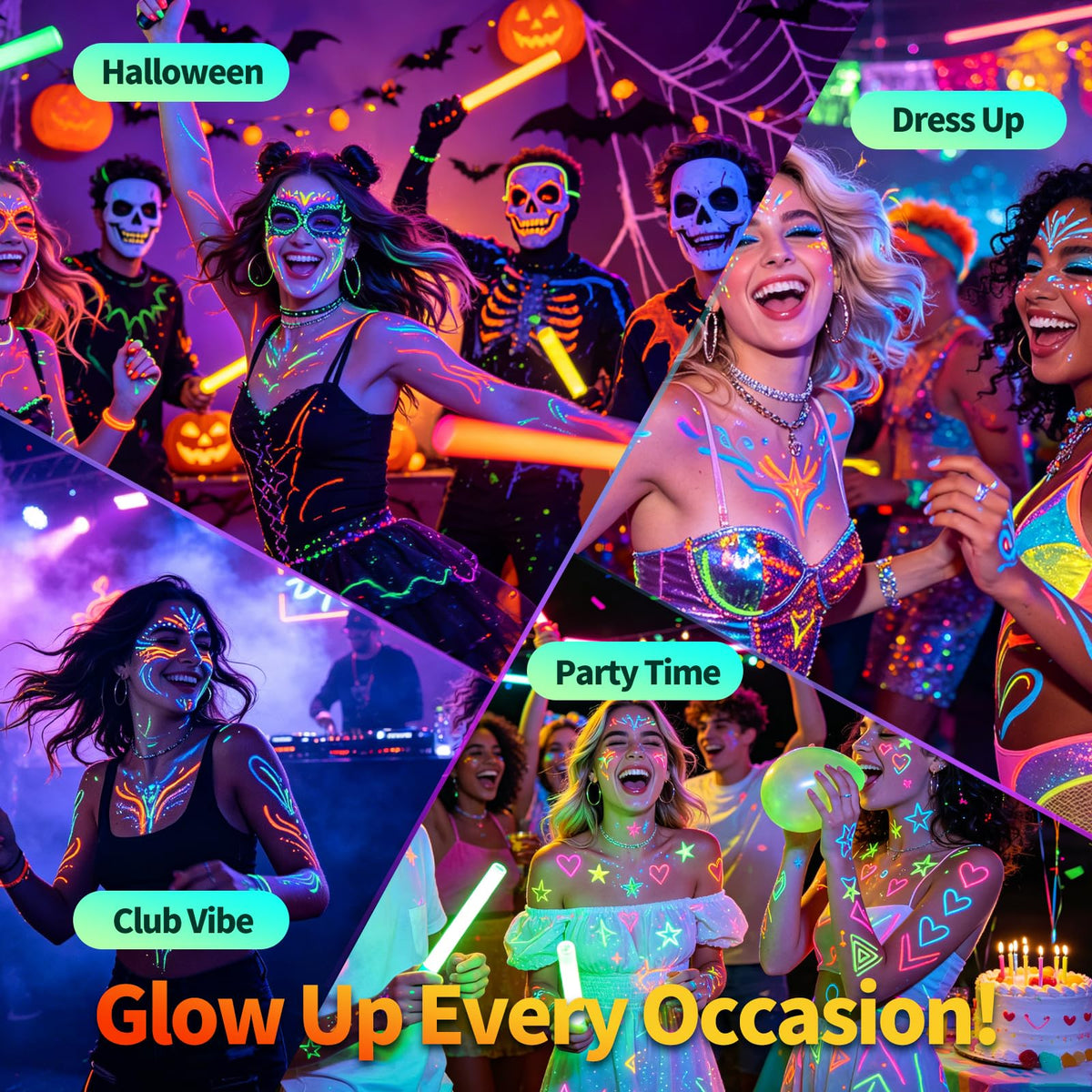 Bchunlucve 14 Colors Glow in the Dark Face & Body Paint, Neon Luminous Paint Pens Tattoo Markers, UV Black Light Face Paint for Skin, Kids, Adults, Nails, Halloween, Festival, Rave, Party Supplies