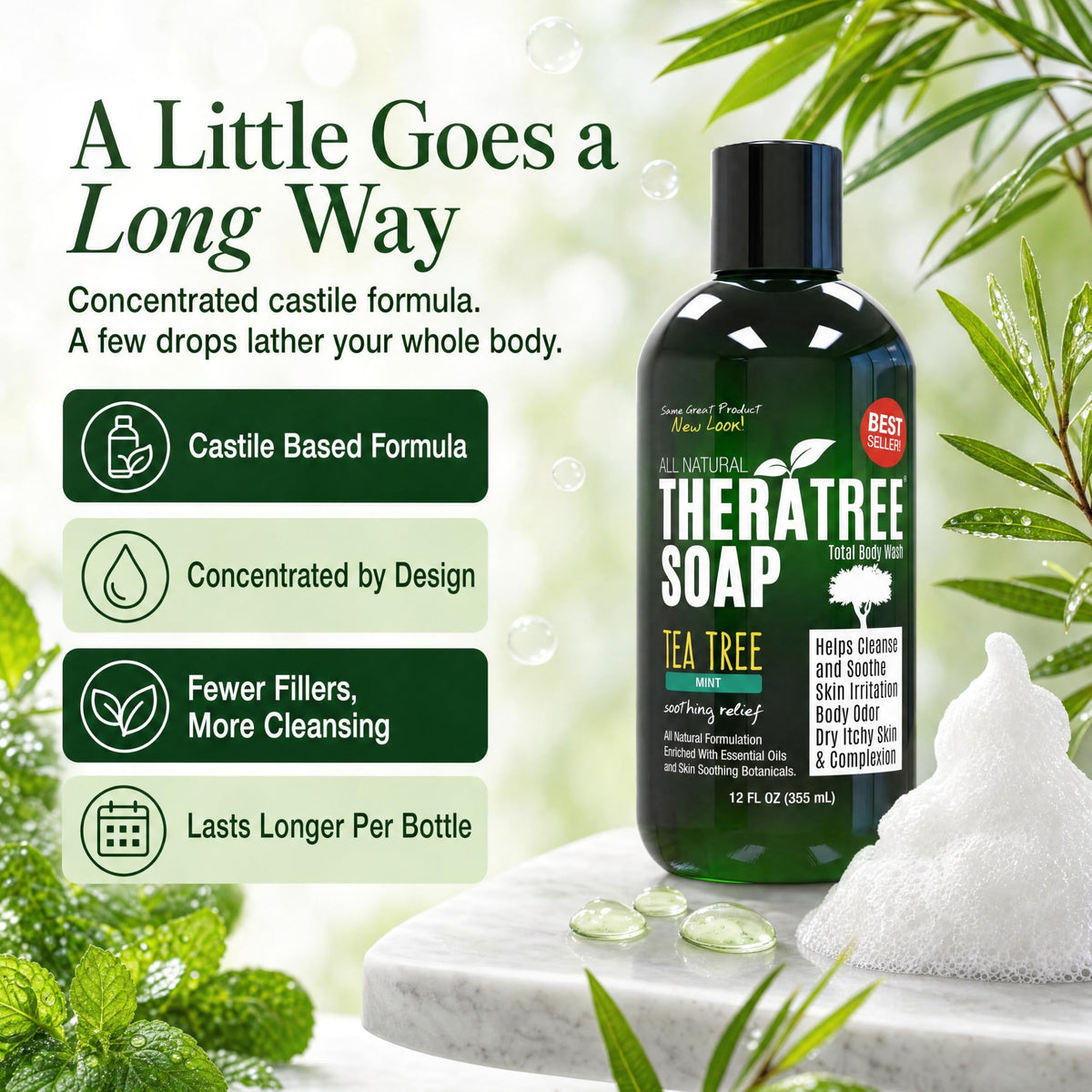 TheraTree Tea Tree Oil Body Wash with Mint, Foot Wash, Shower Gel, 12 Fl Oz