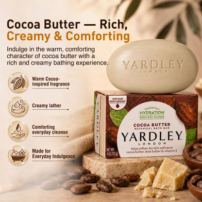 Yardley London Nourishing Bath Soap Bar Cocoa Butter, Helps Soften Dry Skin with Pure Cocoa Butter, Shea Butter & Vitamin E, 4.0 oz Bath Bar, 1 Soap Bar