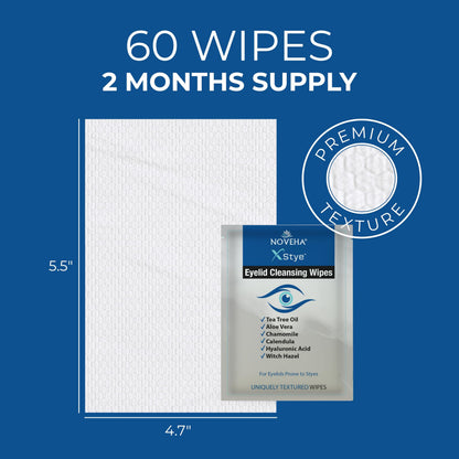 NOVEHA 60Pcs Stye Relief Eyelid & Lash Wipes with Tea Tree Oil, Hyaluronic Acid, Aloe Vera, Chamomile & Green Tea; Gently Soothes, Hydrates & Refreshes for Dry, Itch & Blepharitis; Hypoallergenic