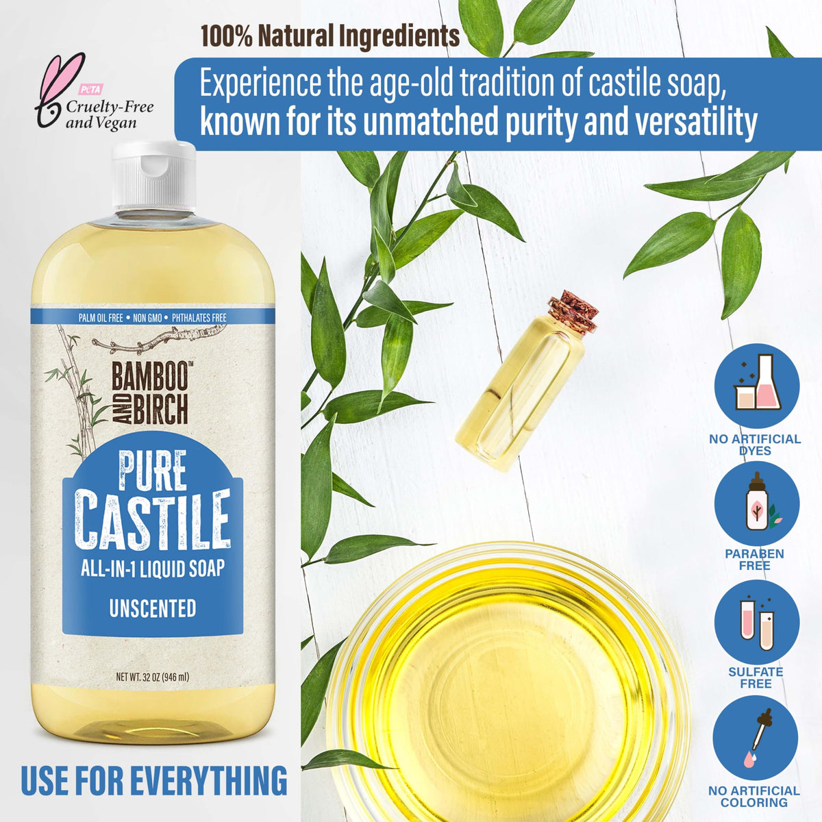 BAMBOO AND BIRCH Pure Castile Soap Liquid, Unscented, 32 oz