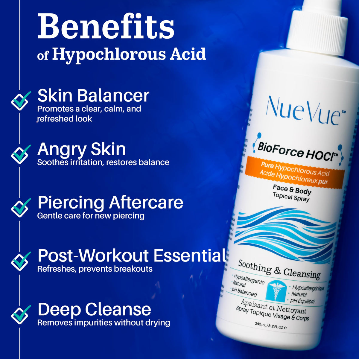BioForce HOCl Pure Hypochlorous Acid Spray Refill for Face & Body (33 Oz) - Acne-Prone Skin & Eczema, Piercing aftercare, Made in Canada, Gentle Skin Cleanser & Toner, pH Balanced, Non-comedogenic