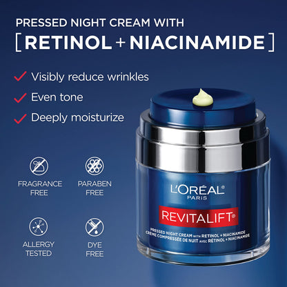 L'Oreal Paris Revitalift Pressed Night Cream, Retinol + Niacinamide, Reduces Wrinkles, Fragrance Free, 1.7 oz + Serum Sample