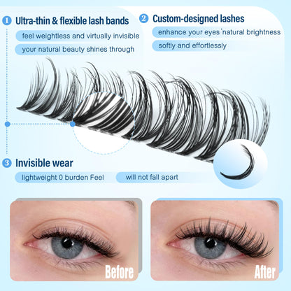Pawotence Natural Lash Clusters Wispy Eyelash Clusters D-Curly Clear Band Lashes Clusters Eyelash Extensions, 10-16mm Ultra Thin Soft Band Eyelashes Clusters DIY Lash Extension