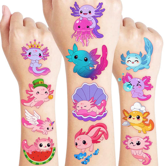 120 PCS Pink Cute Axolotl Pre-Cut Temporary Tattoos for Kids