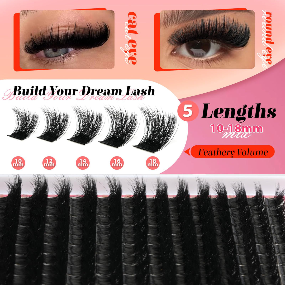 NovaBeryl Lash Clusters Kit, Fluffy 200D Thick Volume Lash Clusters 10–18mm, Individual Fluffy Cluster Lashes with Bond & Seal and Tweezers, DIY Eyelash Extension Kit