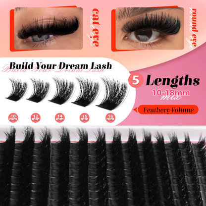 NovaBeryl Lash Clusters Kit, Fluffy 200D Thick Volume Lash Clusters 10–18mm, Individual Fluffy Cluster Lashes with Bond & Seal and Tweezers, DIY Eyelash Extension Kit