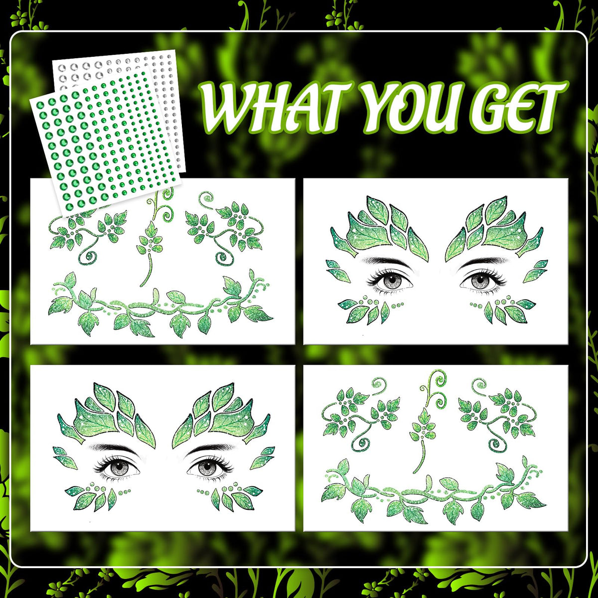 Halloween Leaf Face Makeup Temporary Tattoos+Green White Faces Gems