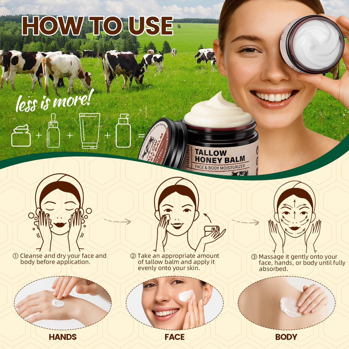 Pnctho Beef Tallow for Skin, Tallow and Honey Balm with 100% Grass-Fed Beef Tallow & Raw Wild Honey, Natural Face & Body Moisturizer for Deep Hydration, Barrier Repair, Soothing Relief 2.1 OZ