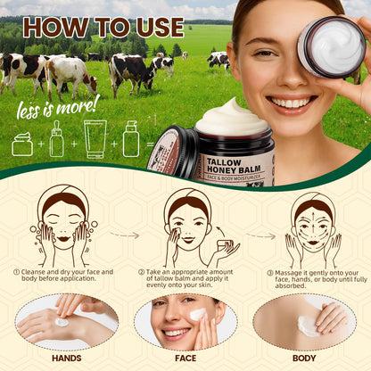 Pnctho Beef Tallow for Skin, Tallow and Honey Balm with 100% Grass-Fed Beef Tallow & Raw Wild Honey, Natural Face & Body Moisturizer for Deep Hydration, Barrier Repair, Soothing Relief 2.1 OZ