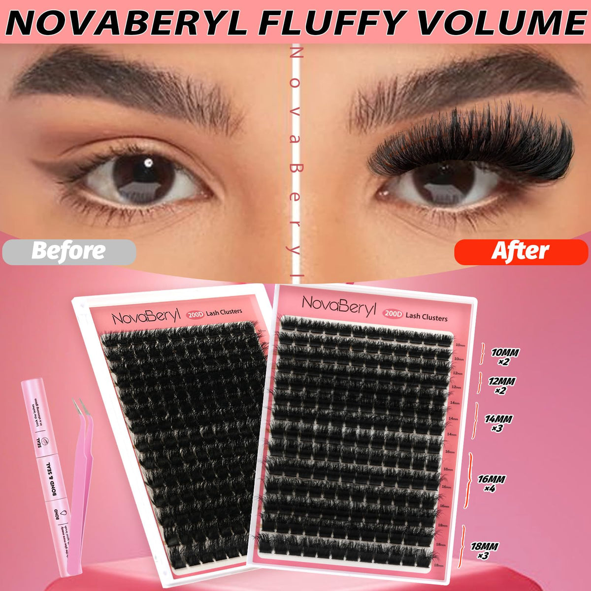 NovaBeryl Lash Clusters Kit, Fluffy 200D Thick Volume Lash Clusters 10–18mm, Individual Fluffy Cluster Lashes with Bond & Seal and Tweezers, DIY Eyelash Extension Kit