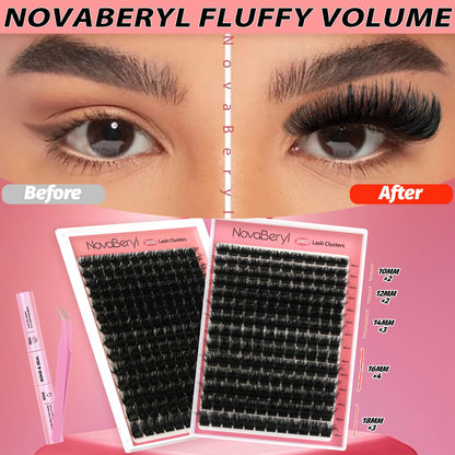 NovaBeryl Lash Clusters Kit, Fluffy 200D Thick Volume Lash Clusters 10–18mm, Individual Fluffy Cluster Lashes with Bond & Seal and Tweezers, DIY Eyelash Extension Kit