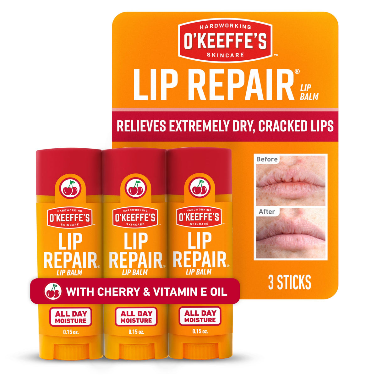 O'Keeffe's Lip Repair Balm Stick with Cherry & Vitamin E Oil, 3-Pack
