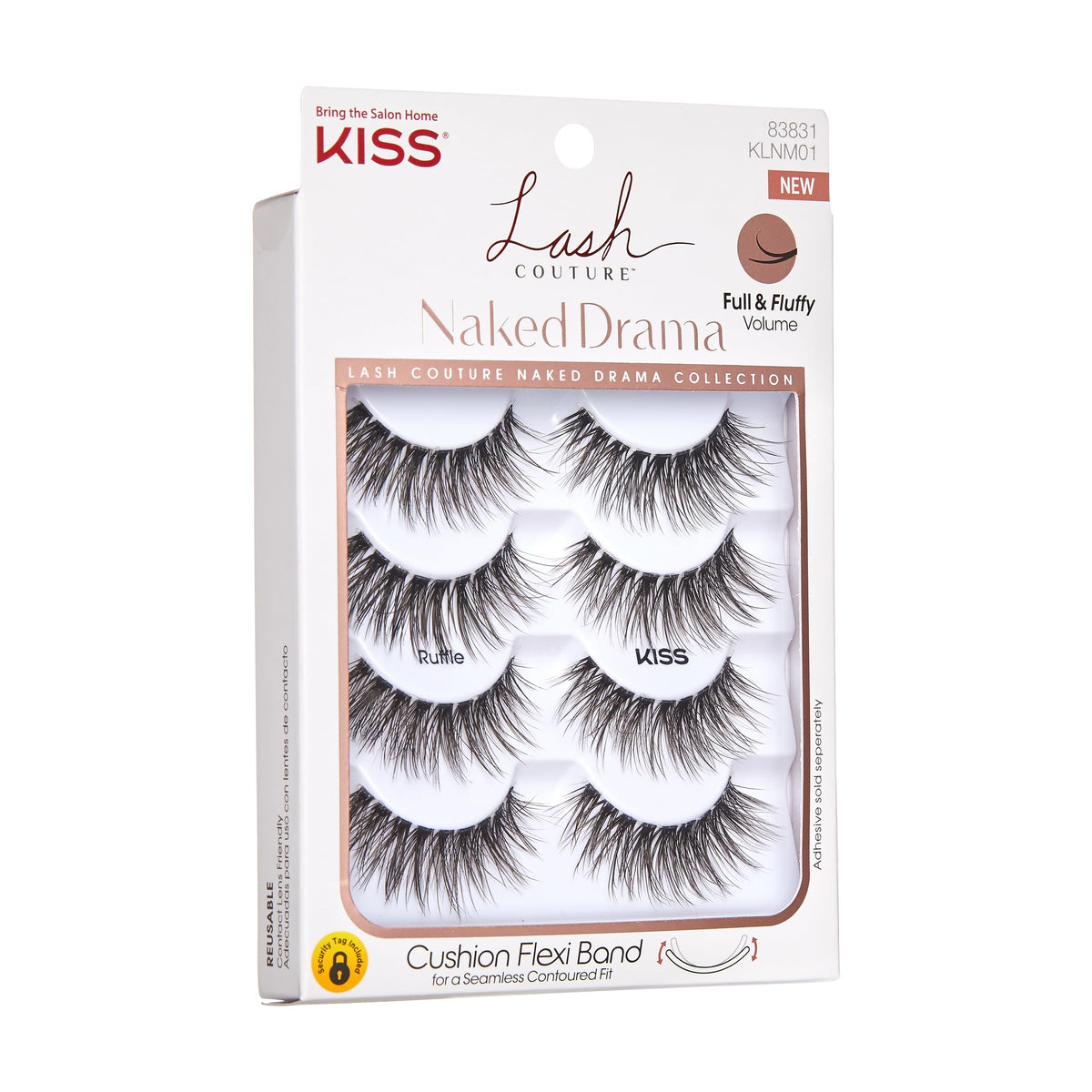 KISS Lash Couture Naked Drama Collection False Eyelashes Multipack 01 with Cushion Flexi Band, Style 'Ruffle', Full & Fluffy Volume, 4 Pairs Fake Eyelashes