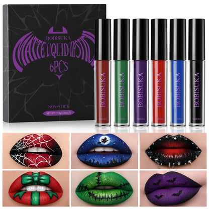 BOBISUKA 6pcs Halloween Liquid Lipstick Set, High Pigmented Bold Matte Black Blue Green Purple Red Lip Gloss Set, Waterproof Smudge-proof Lip Stain Kit for Cosplay Goth Costume Makeup