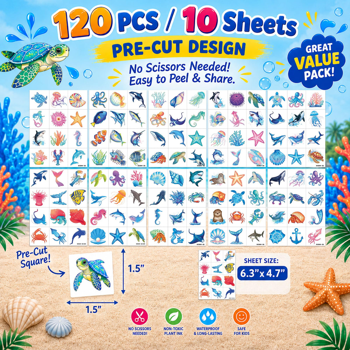 120 PCS Temporary Tattoos for Kids - Ocean Sea Animal Shark Whale Fish |