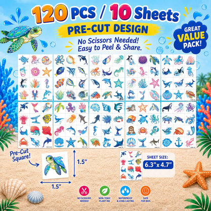 120 PCS Temporary Tattoos for Kids - Ocean Sea Animal Shark Whale Fish |