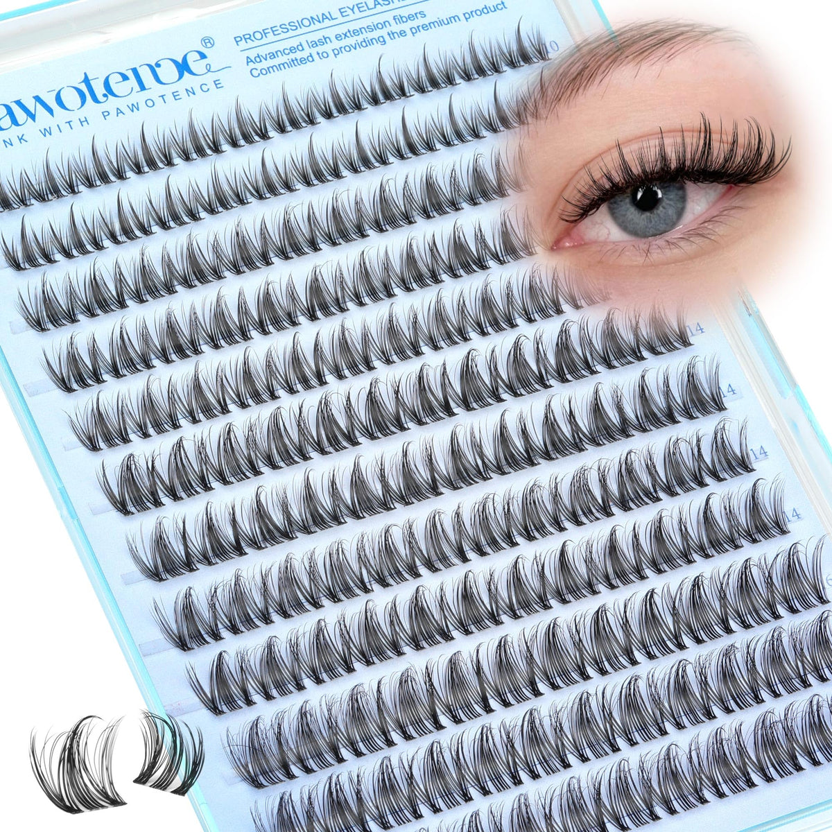 Pawotence Natural Lash Clusters Wispy Eyelash Clusters D-Curly Clear Band Lashes Clusters Eyelash Extensions, 10-16mm Ultra Thin Soft Band Eyelashes Clusters DIY Lash Extension