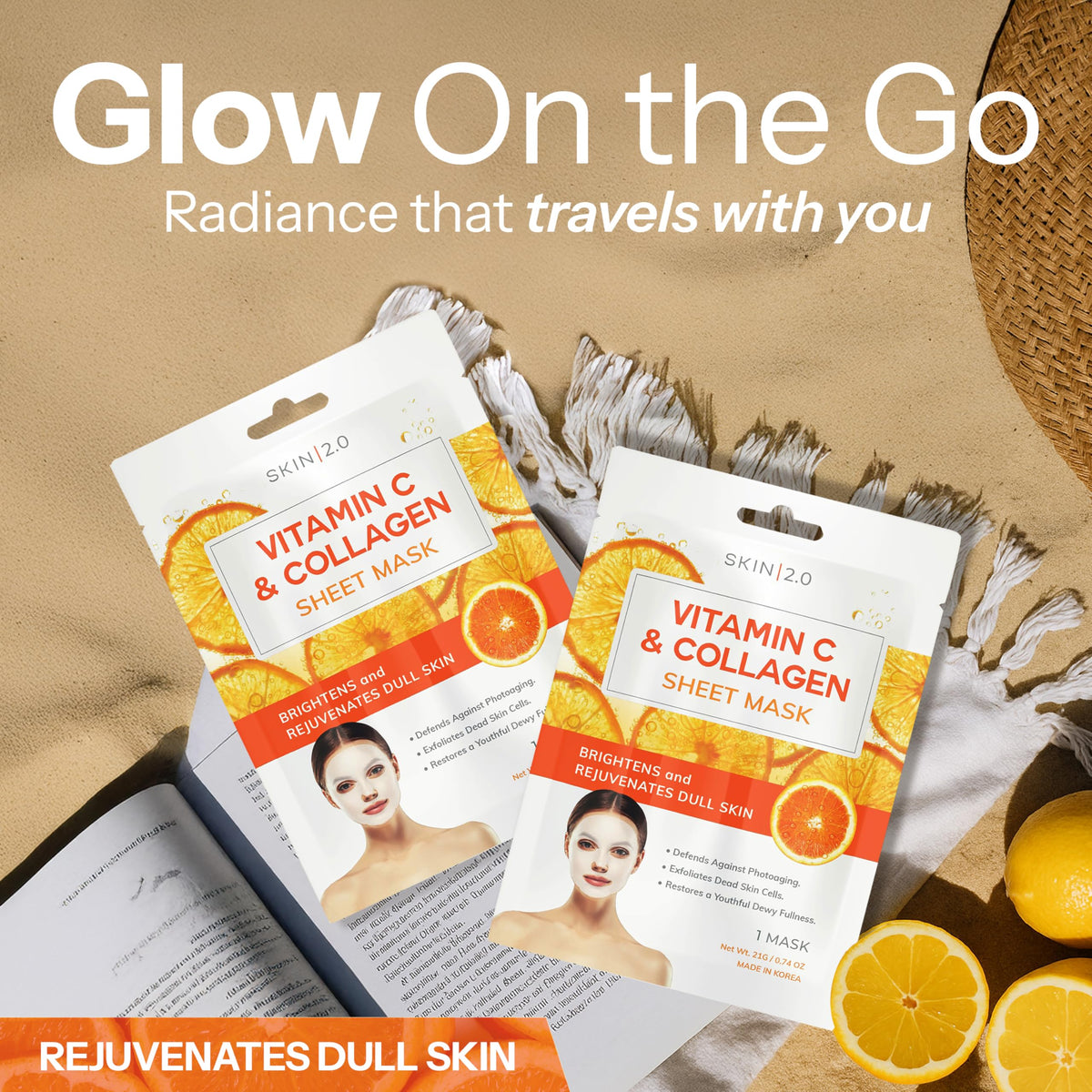 Skin 2.0 Vitamin C & Collagen Sheet Mask - Anti-Aging, Wrinkle & Age Spot Reducer, Hydrating & Moisturizing - Dermatologist Tested Korean Skincare, Clean Beauty, Cruelty-Free, All Skin Types - 5 Masks