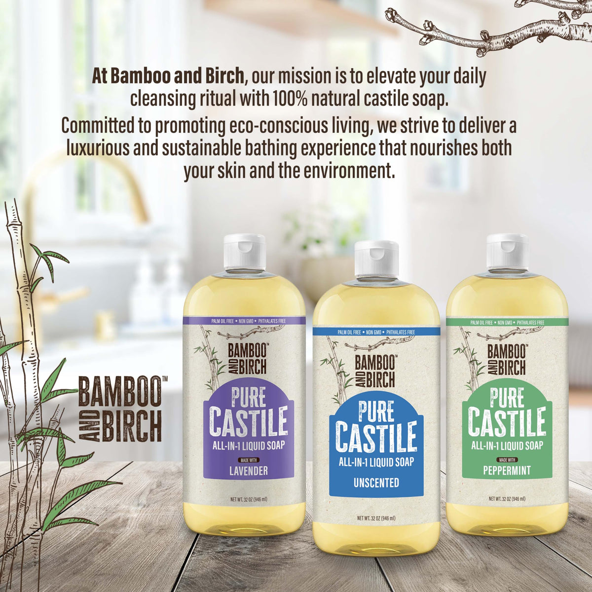 BAMBOO AND BIRCH Pure Castile Soap Liquid, Unscented, 32 oz