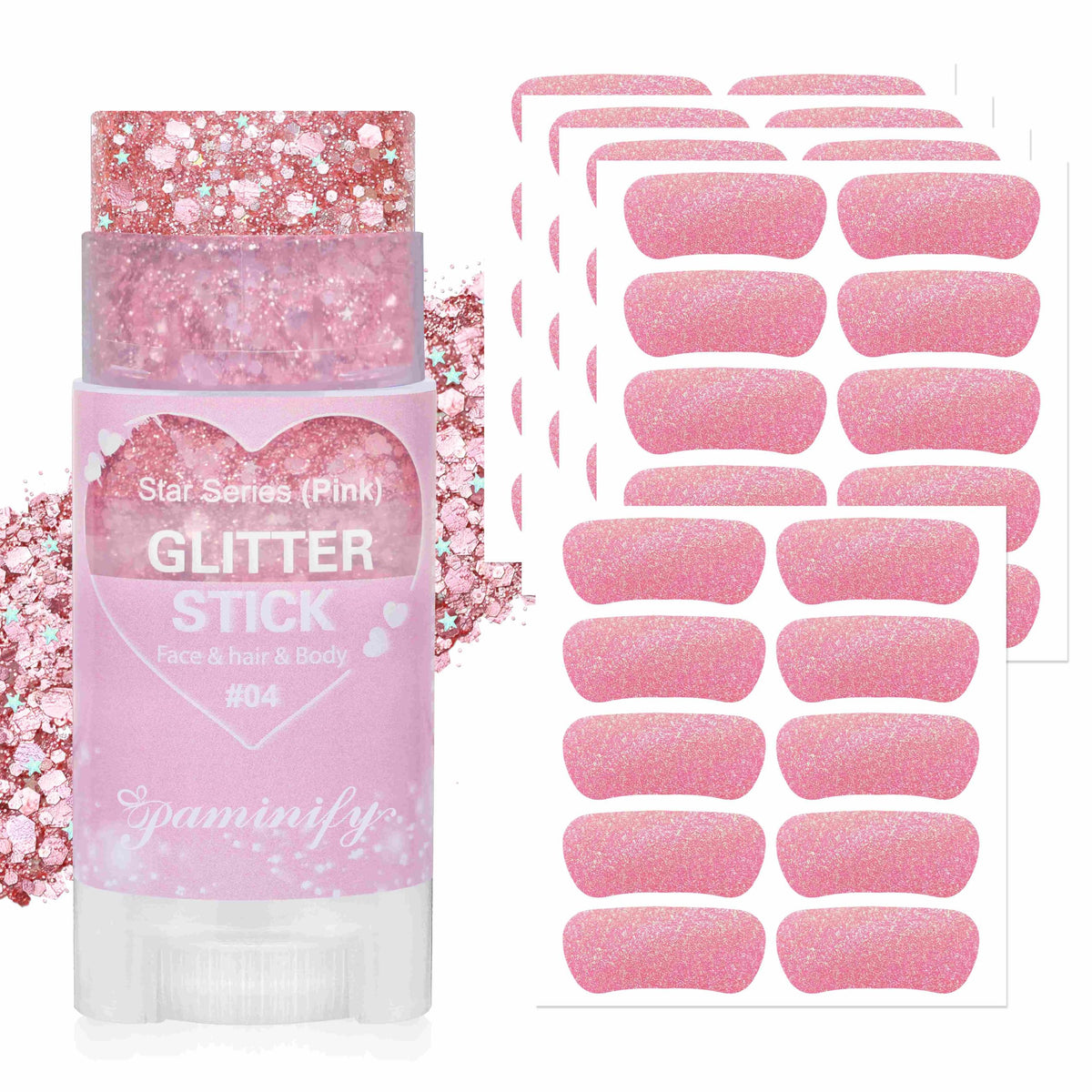 Paminify Pink Eye Black Stickers and Hair Glitter Stick Kit,Water-Proof 50pcs Eye Sticker Bulk for Baseball Softball Sports Party,Pink Spirit Day Accessories Holographic Cheer Face Body Glitter