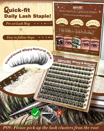 Wispy Lash Clusters Short 10-14mm Natural Eyelash Clusters Fluffy Cluster Eyelash Extensions Soft Individual Lashes with Invisible Band CD Curly for Daily Wear by zenotti