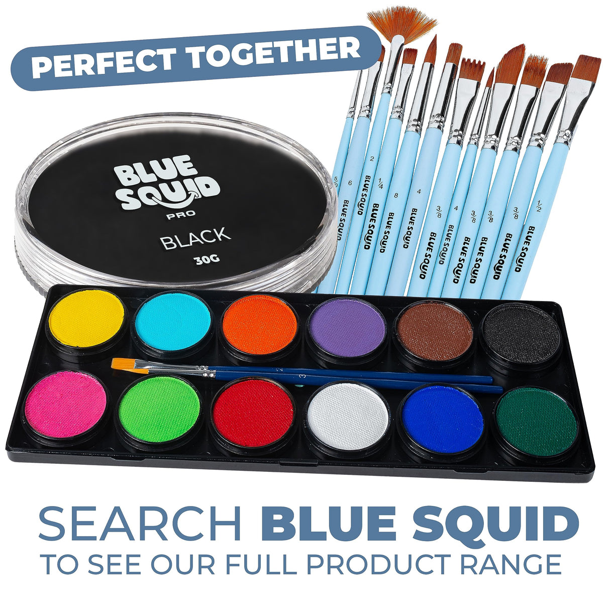 Blue Squid Face Paint Water Based Single Cake Professional Face Paint & Body Paint - Water Activated, Kids Adults Face Painting for Costume, Halloween Makeup, Cosplay - Classic Black Face Paint 30g