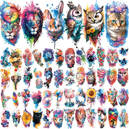 77 Sheets Temporary Tattoo, 17 Sheets Half Arm Flower Lion Tiger Cat Owl Parrot Fake Tattoos for Adults Shoulder Neck, 60 Sheets Tiny Waterproof Temporary Tattoos Realistic for Women Girls and Kids