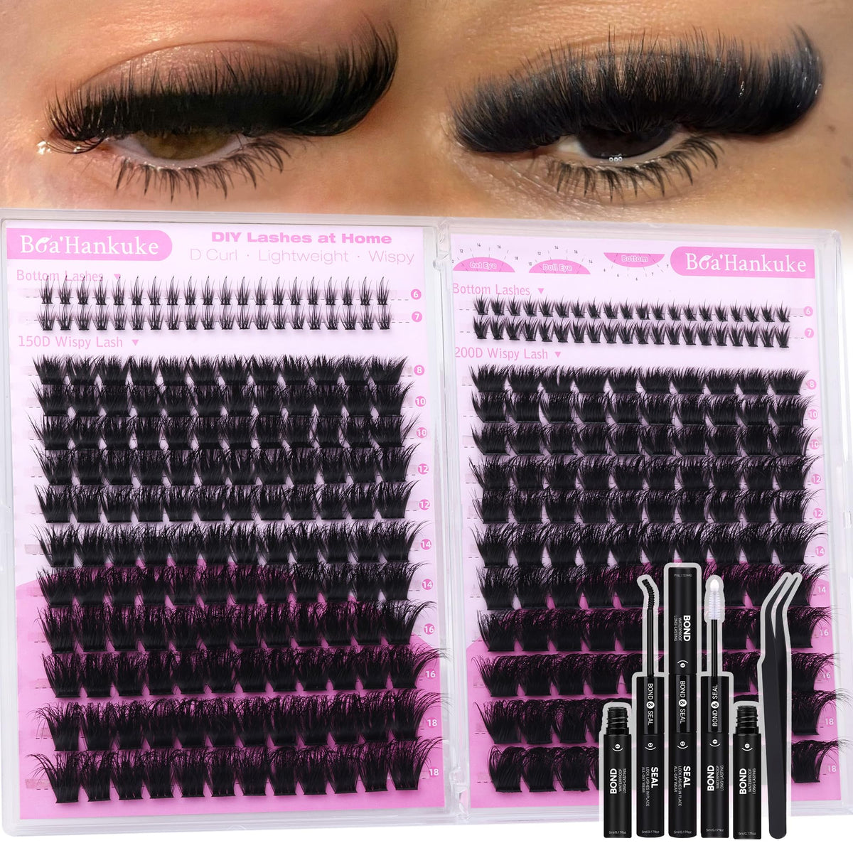 Fluffy Lash Clusters Kit with Bottom Lashes Volume Eyelash Extension Kit 150D+200D Thick Eyelash Clusters Kit 8-18MM Wispy Individual Lashes with Waterproof Lash Bond&Seal D Curl Lash Extension kit
