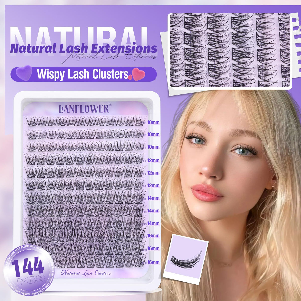 Natural Lash Clusters Kit Wispy Lash Extension Kit Waterproof Lash Clusters C Curved Cluster Eyelash Extensions Kit 144pcs Individual Lashes 10-16mm Eyelash Extension Kit by Lanflower