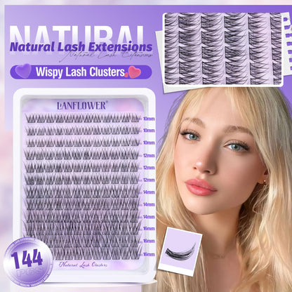 Natural Lash Clusters Kit Wispy Lash Extension Kit Waterproof Lash Clusters C Curved Cluster Eyelash Extensions Kit 144pcs Individual Lashes 10-16mm Eyelash Extension Kit by Lanflower