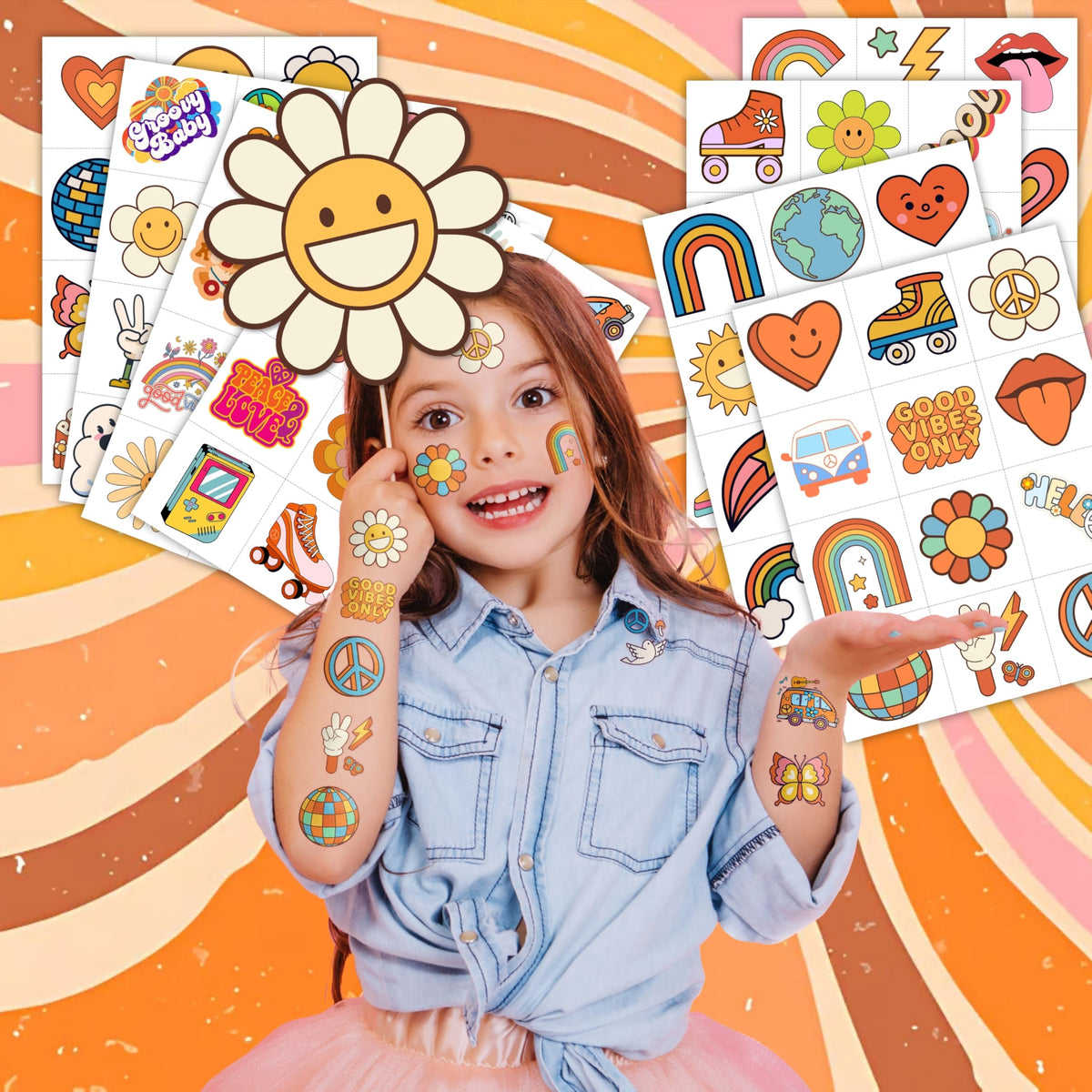 96PCS Groovy 70s Temporary Tattoos Party Decorations Favors Supplies