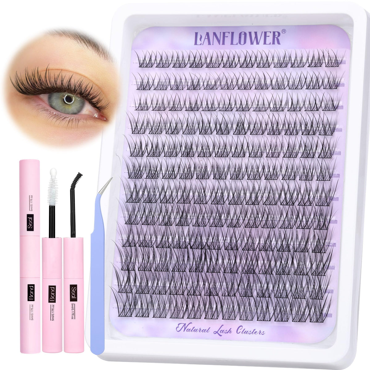 Natural Lash Clusters Kit Wispy Lash Extension Kit Waterproof Lash Clusters C Curved Cluster Eyelash Extensions Kit 144pcs Individual Lashes 10-16mm Eyelash Extension Kit by Lanflower