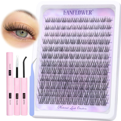 Natural Lash Clusters Kit Wispy Lash Extension Kit Waterproof Lash Clusters C Curved Cluster Eyelash Extensions Kit 144pcs Individual Lashes 10-16mm Eyelash Extension Kit by Lanflower