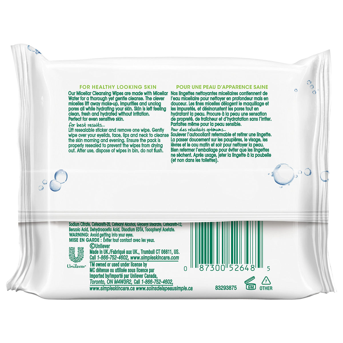 Simple Kind to Skin Cleansing Wipes Micellar 4 Count Gentle and Effective Makeup Remover Free From Color and Dye, Artificial Perfume and Harsh Chemicals 25 Wipes