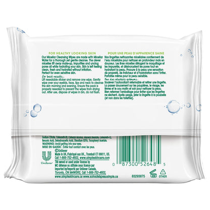 Simple Kind to Skin Cleansing Wipes Micellar 4 Count Gentle and Effective Makeup Remover Free From Color and Dye, Artificial Perfume and Harsh Chemicals 25 Wipes