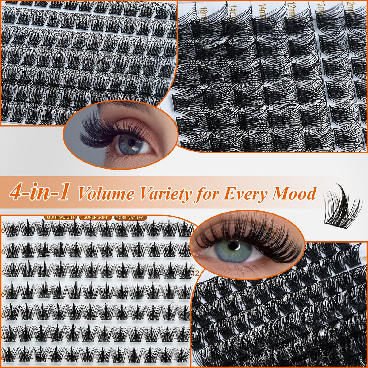 Lash Clusters 4 Style Wispy Lashes Clusters Eyelash Clusters Pestañas Postizas Naturales Cluster Eyelash Extensions Cluster Lashes Soft False Eyelashes Natural Look(W02+W04+W05+W06 Lash Only)