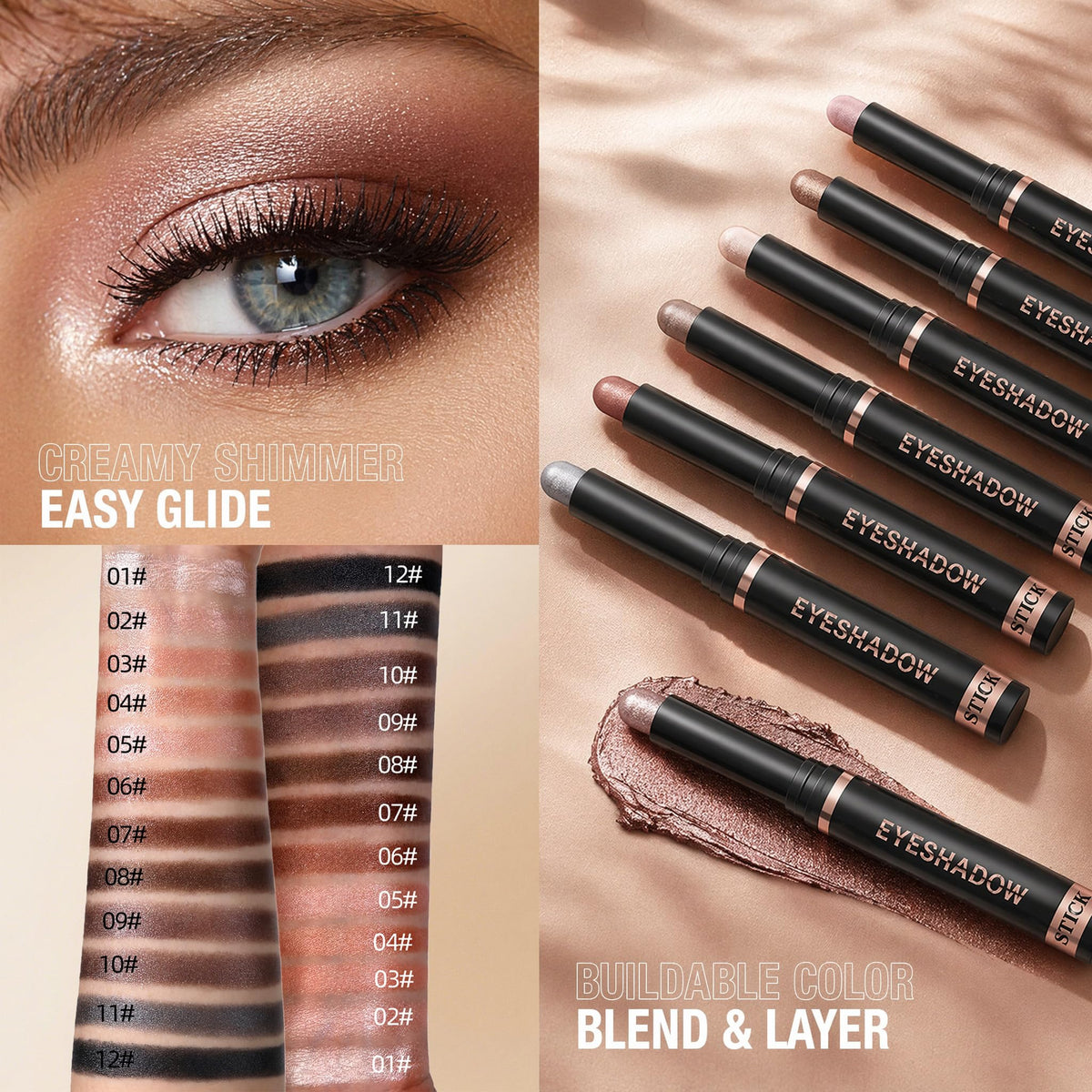 12 Colors Shimmer Eyeshadow Stick Set, Cream Eye Shadow Pen for Beginners