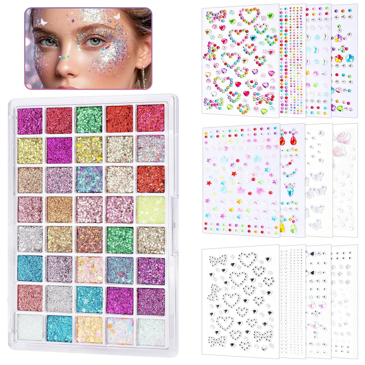 Face Glitter Face Gems, 40 Colors Glitter Makeup with 12 Sheets Face Jewels
